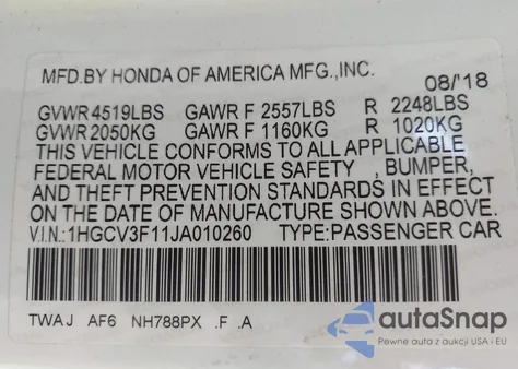 2018 Honda Accord Hybrid z USA, uszkodzony, nr VIN 1HGCV3F11JA010260